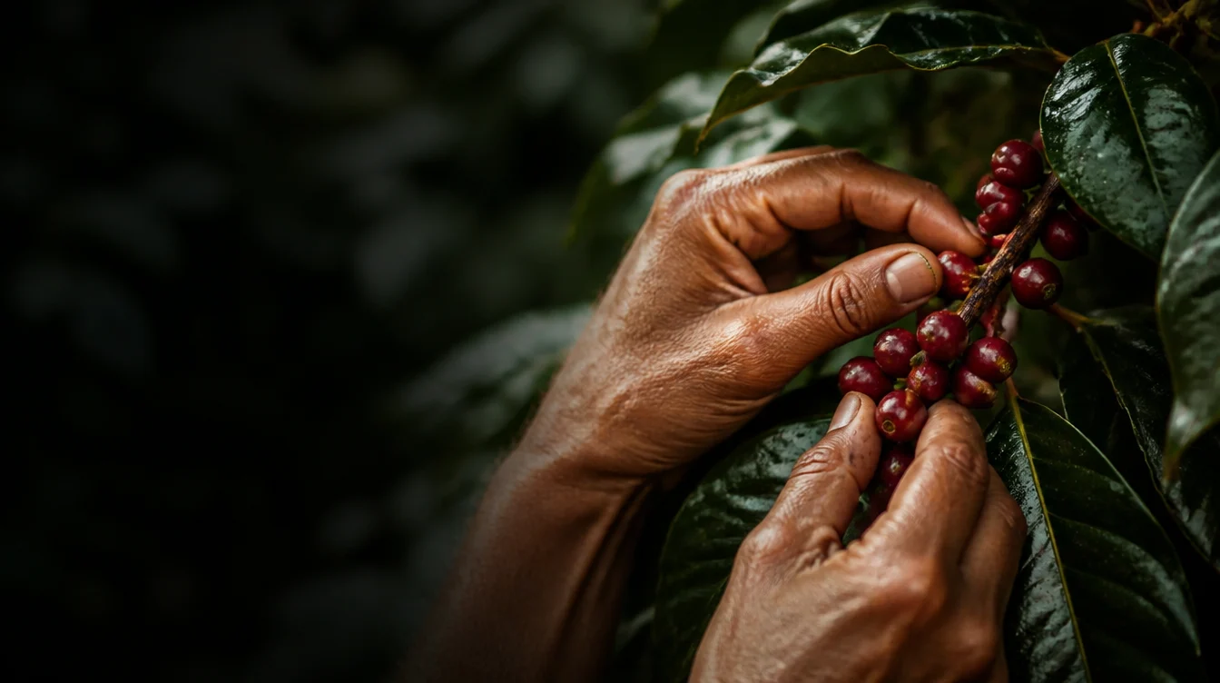 Manos recolectando cerezas de café maduras